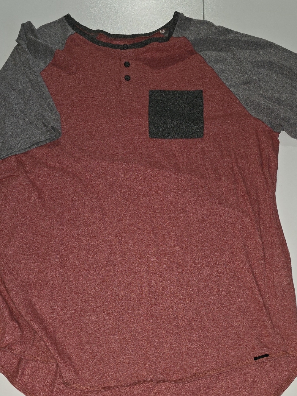 on the byas Men's Raglan Henley Pocket Tee - Burgundy and Gray